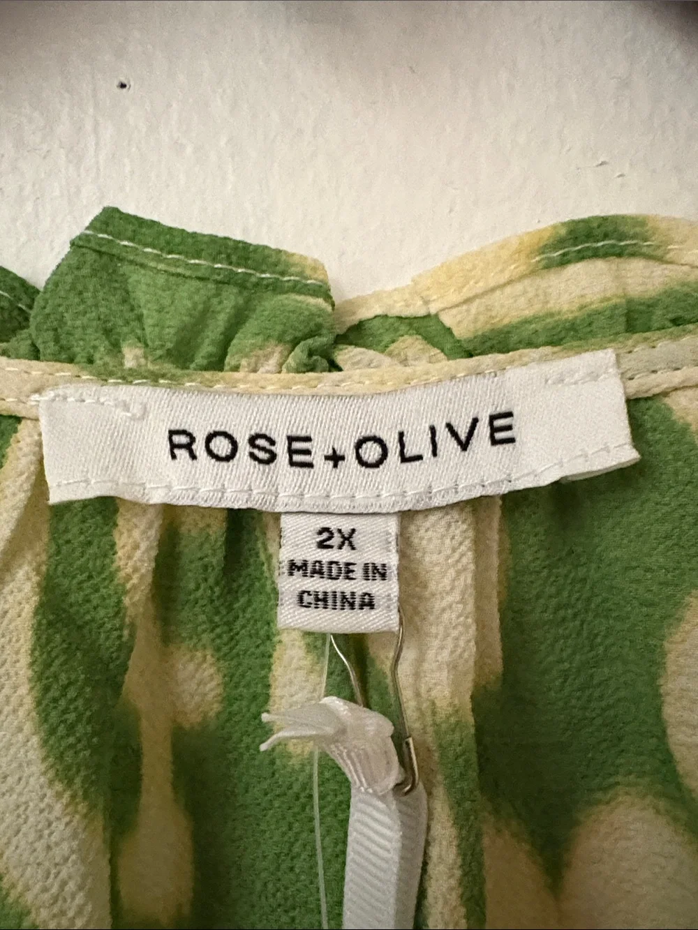 Rose & Olive Green and Cream Ikat-Style Tie-Neck Peasant Blouse - Picture 3 of 4
